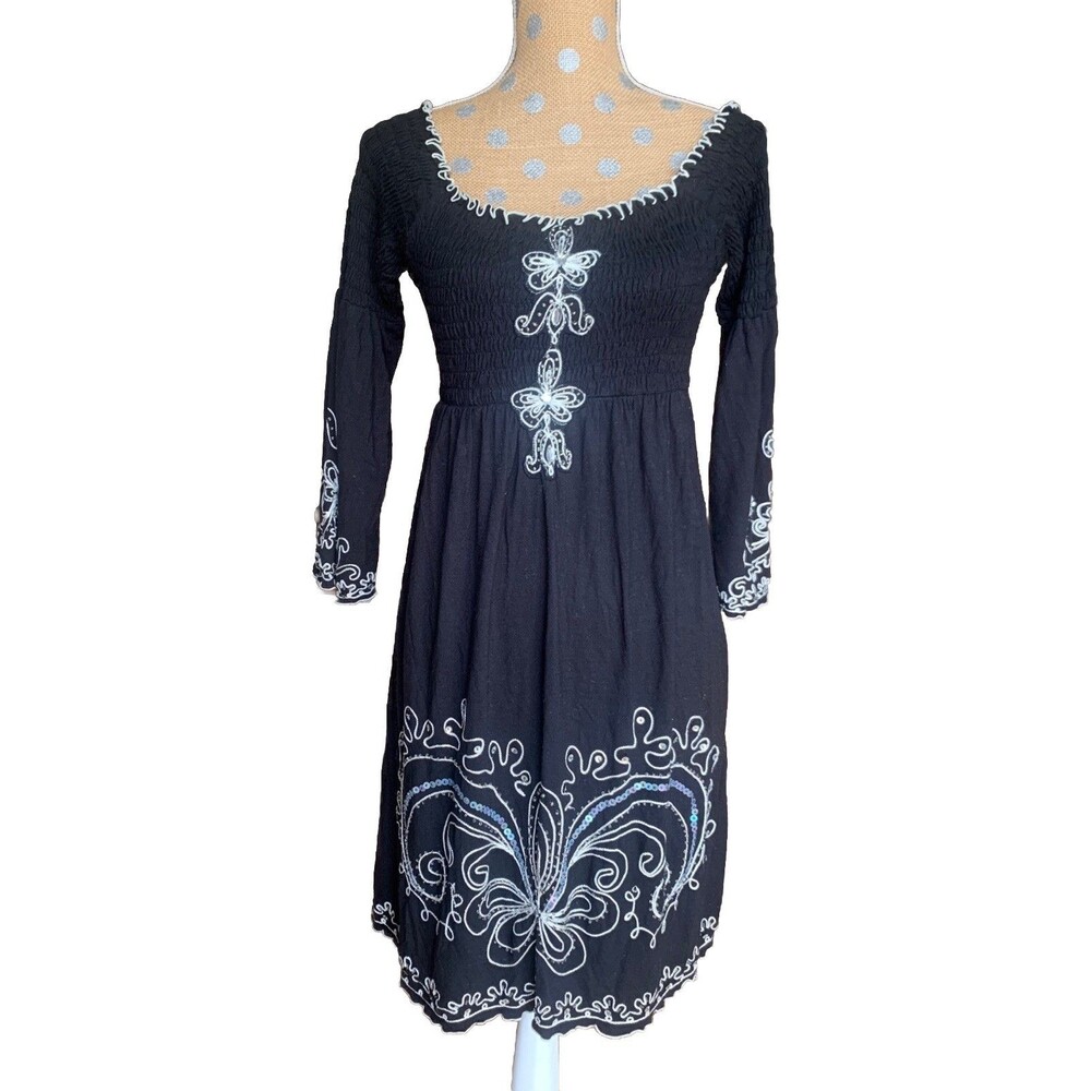 Krista Lee Womens Small Babydoll Dress Boho Fairy Beaded Embroidered Whimsigoth